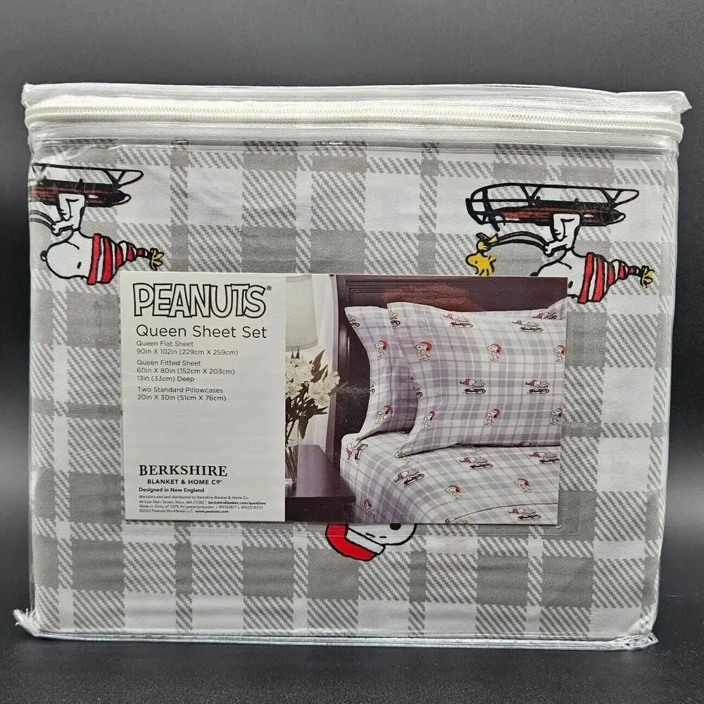 Berkshire Peanuts Snoopy Woodstock Christmas Holiday Queen Sheet‎ Set Plaid Gray